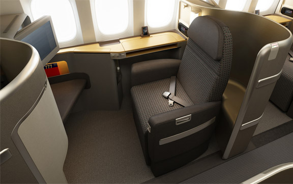 The First Class cabin features an updated and enhanced version of American's Flagship Suite seats.