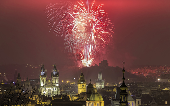 Prague new year 2016 fireworks over Prague Old Town panorama